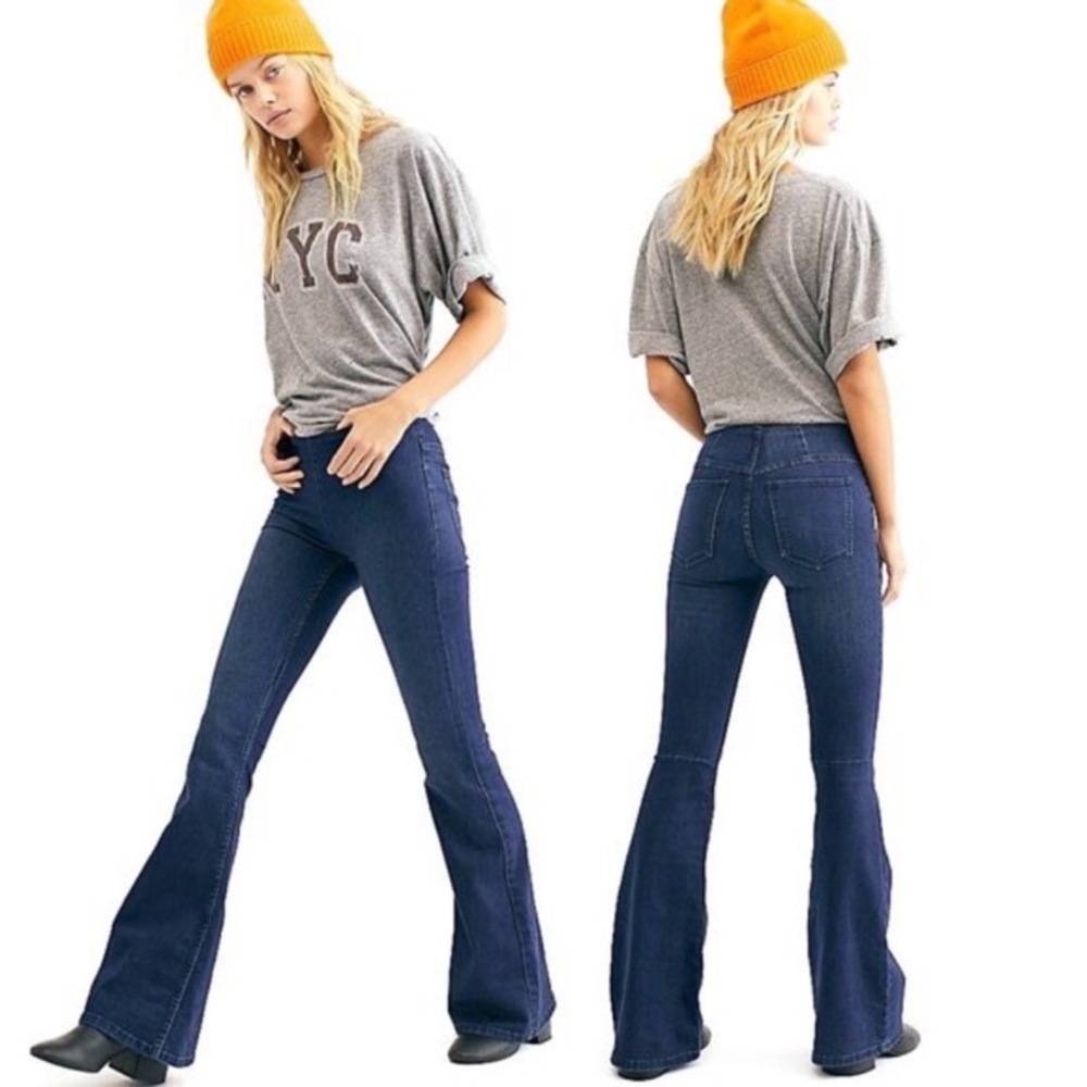 NWOT Free People Penny Pull On Flare Jeans in Rich Blue